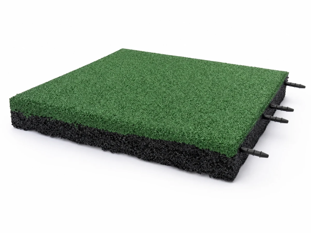 Štúdiový pohľad na zeleno-čiernu profilovanú gumovú dlažbu Petra 500 × 500 × 60 mm s kolíkmi