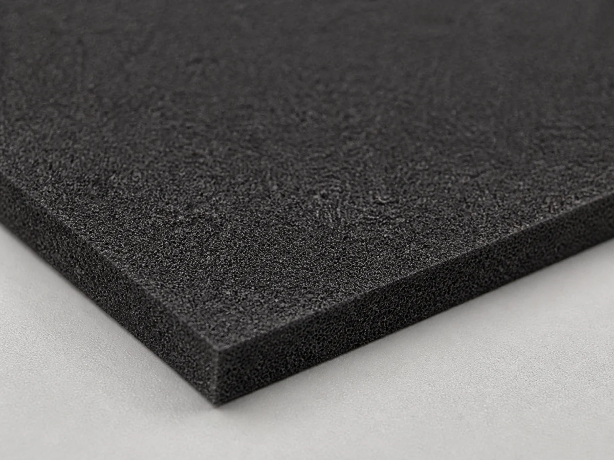 Detail pórovitého povrchu a rezanej hrany čiernej mikroporéznej gumy EPDM s hrúbkou 5 mm