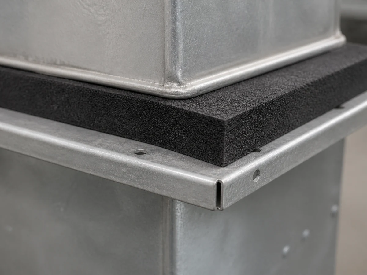 Čierna mikroporézna guma EPDM s hrúbkou 15 mm vložená medzi kovové časti vzduchotechniky