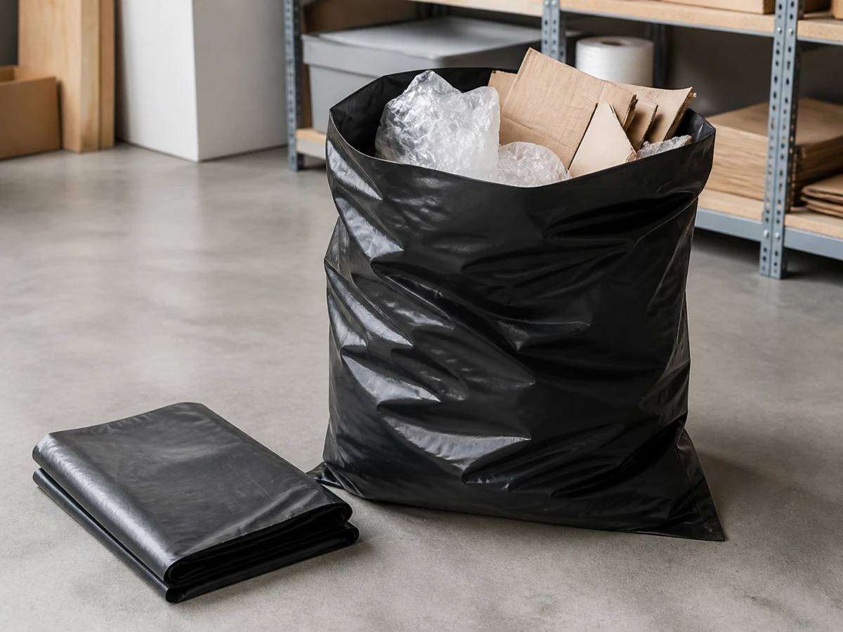 Čierne úžitkové vrece 120 l s čistým obalovým materiálom v skladovom priestore