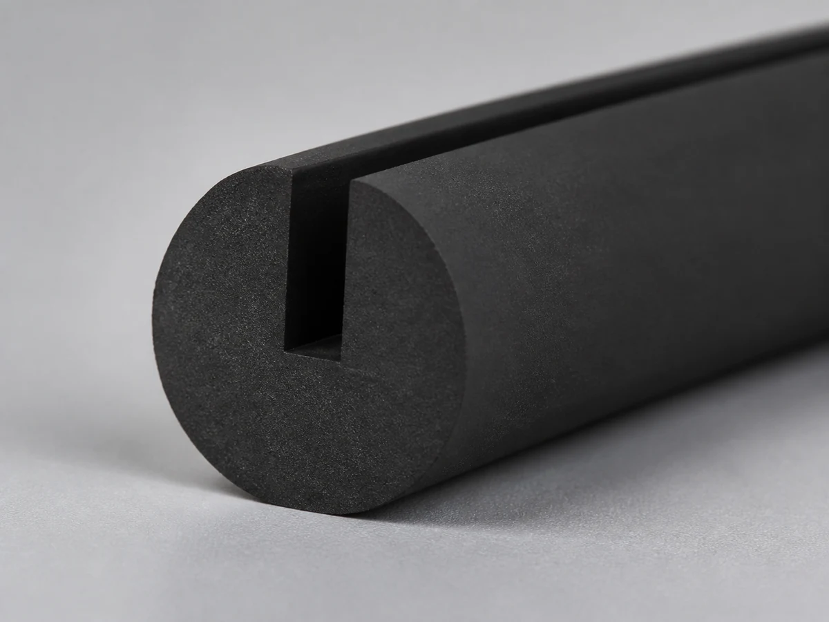 Detail prierezu guľatého EPDM tesniaceho profilu s drážkou